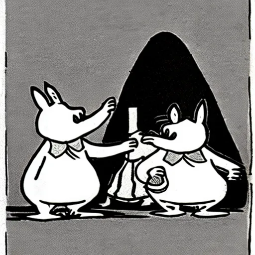 Image similar to moomins, ink, by tove jansson