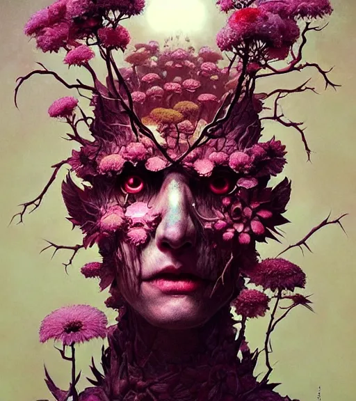 Prompt: portrait, descending into madness, flowers by wayne barlowe, toru kamei, artgerm and greg rutkowski, tanaka suguru, itsuko azuma, kinuko y. craft, mysterious, aesthetic!!! hyper detailed