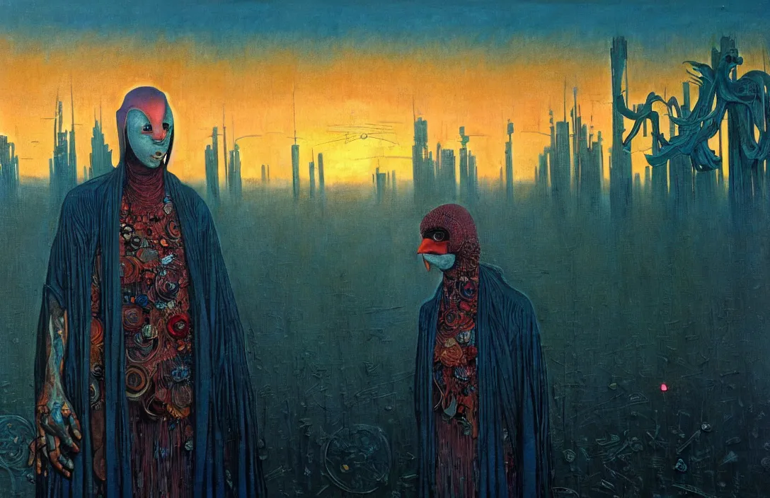 Image similar to realistic detailed portrait movie shot of a birdman wearing dark ragged robes, futuristic city sunset landscape background by denis villeneuve, amano, yves tanguy, alphonse mucha, ernst haeckel, max ernst, roger dean, ridley scott, dynamic closeup composition, rich moody colours, blue eyes