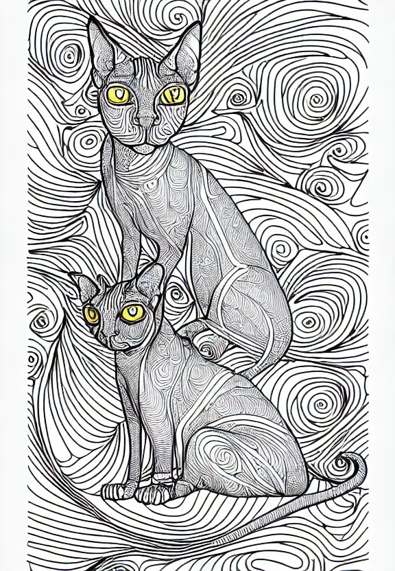 Image similar to sphynx cat statue ornaments fractal ink drawing line art colouring page, vector, margins, fine lines, centered