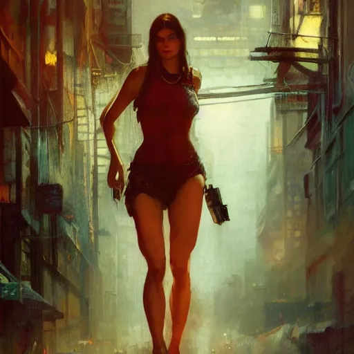 Image similar to alexandra daddario, hyperrealistic full figure, bladerunner street alley, art of elysium by frank frazetta and by jeremy mann and by alphonse mucha, fantasy art, photo realistic, dynamic lighting, artstation, full figure poster, volumetric lighting, very detailed face, 4 k, award winning