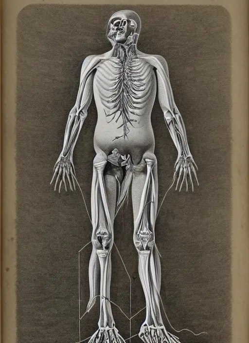 Image similar to vintage medical anatomical illustration of sasquatch, highly detailed, labels, intricate writing