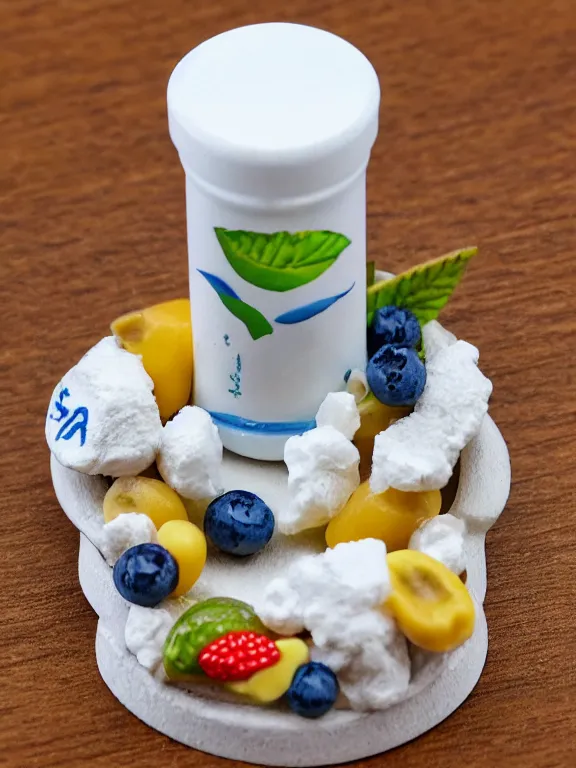 Prompt: miniature diorama of yogurt bottle with fruits