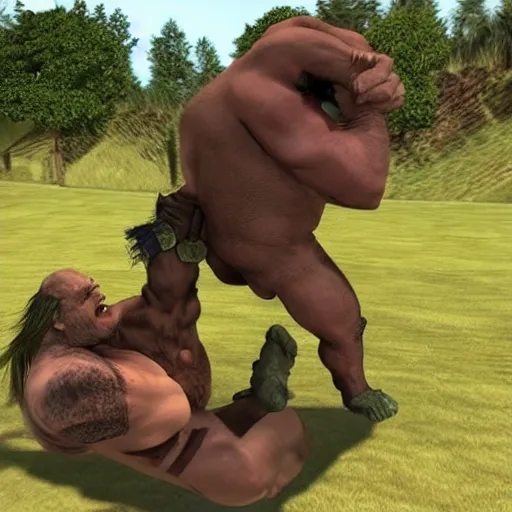 Prompt: An orc with a boar in a suplex hold