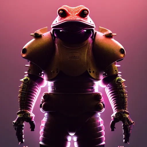 Prompt: wide shot, photo of a toad head, a huge humanoid toad-man with a katana, in a heavy futuristic armour without a helmet, hyper realistic, hyper detailed, coherent photo, trending on artstation, cyberpunk, Japanese style, volumetric lightning, neon, electric colours, Cinematic, Dramatic, Film Grain, Kodak Portra, Depth of Field, 15 mm octane render, 4k, raytracing, blender