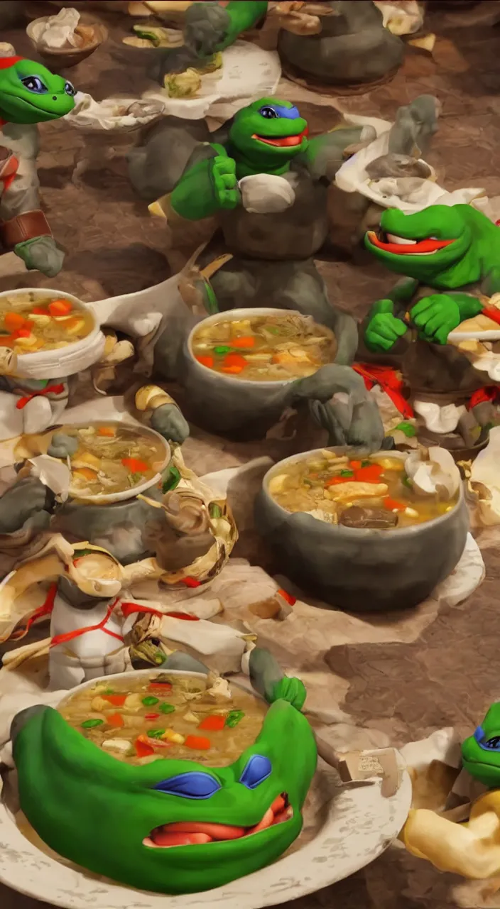 Image similar to little ninja turtles in soup in a chinese restaurant, a chinese man eats this soup, super realistic, super detailed, high octane, photorealistic, rendering 8 k, 8 k octane, unreal engine