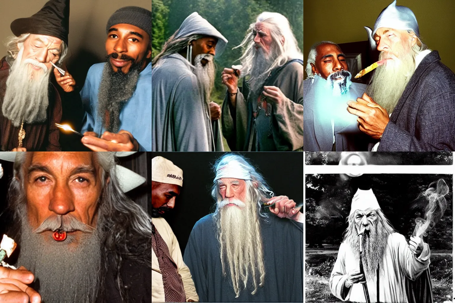 Prompt: gandalf smoking a big blunt with tupac