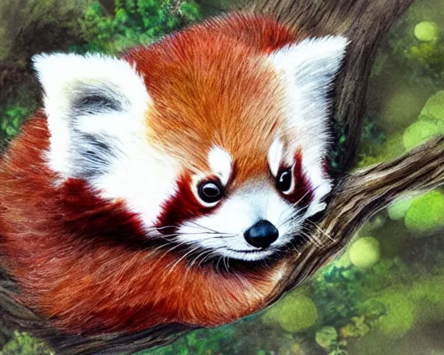 Prompt: cute, baby red panda, detailed, illustration, artstation, lying on a tree branch, forest background, realistic