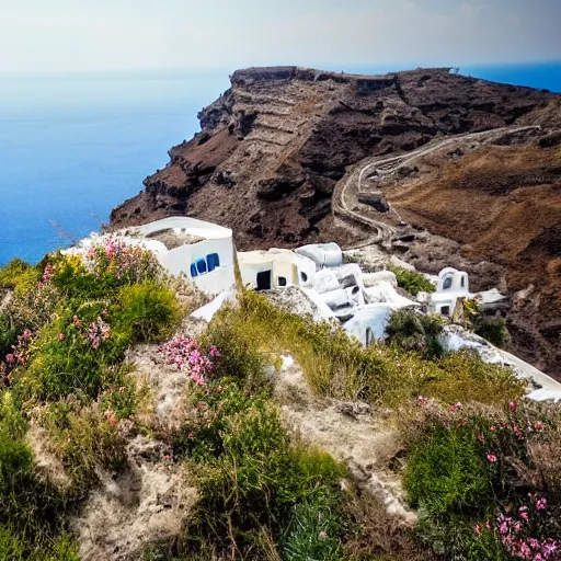 Image similar to overgrown abandoned ruins of santorini, national geographic