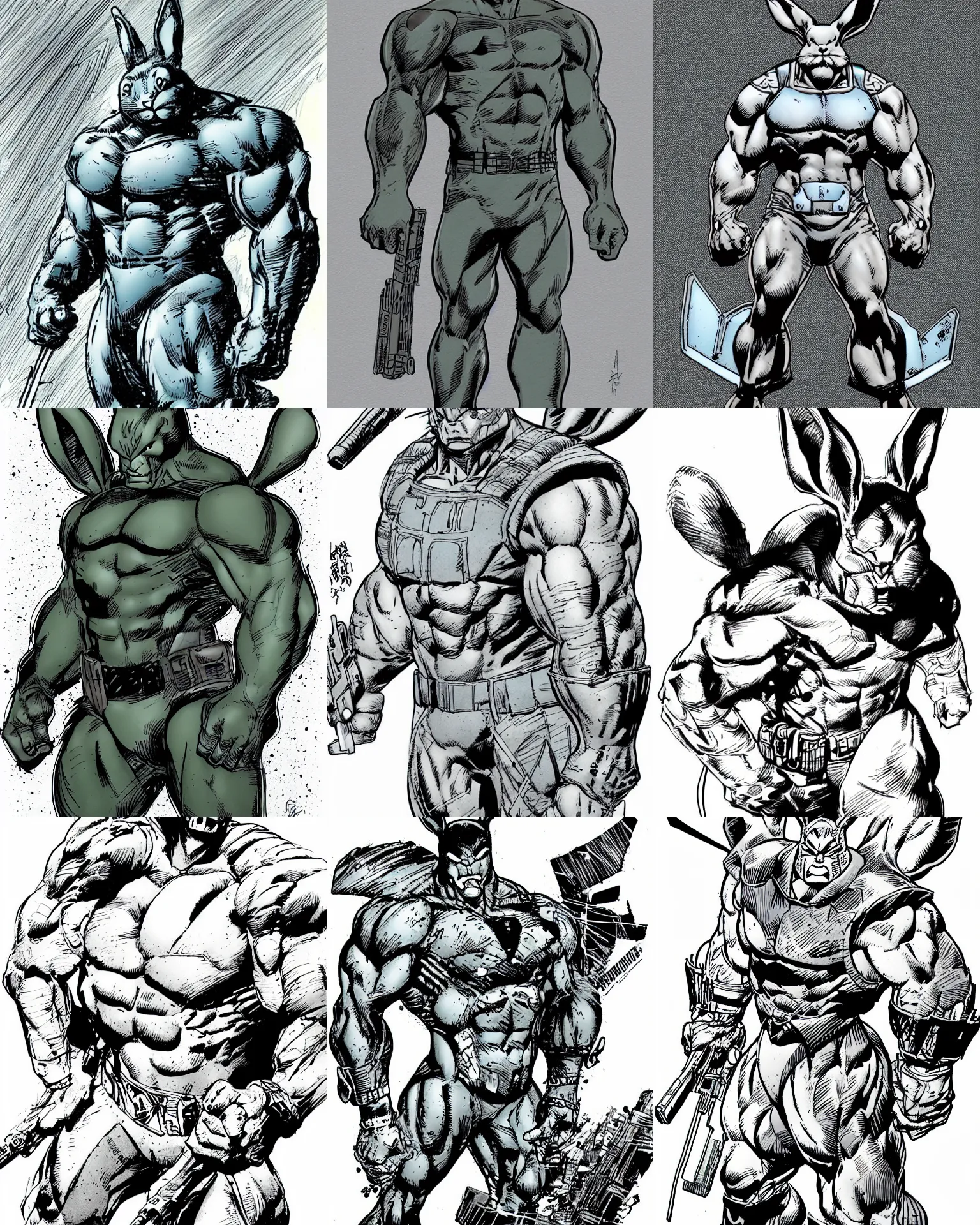 Prompt: rabbit!!! jim lee!!! medium shot!! flat colored ink sketch by jim lee close up in the style of jim lee, sad pose swat soldier armor gray hulk rabbit animal by jim lee