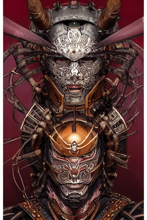 Prompt: digital face portrait painting of a male samurai warrior magus by yoshitaka amano, victo ngai, terese nielsen, samurai armour by hajime sorayama, in the style of dark - fantasy, intricate detail, skull motifs, red, bronze, artgerm