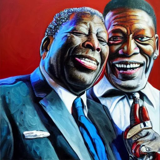 Prompt: portrait of bb king with buddy guy, joyful, highly detailed painting by stephen bliss, boxart, 8 k