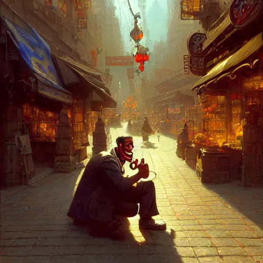 Image similar to the happy mask salesman in clock town. highly defined painting, highly detailed painting by gaston bussiere, craig mullins 8 k