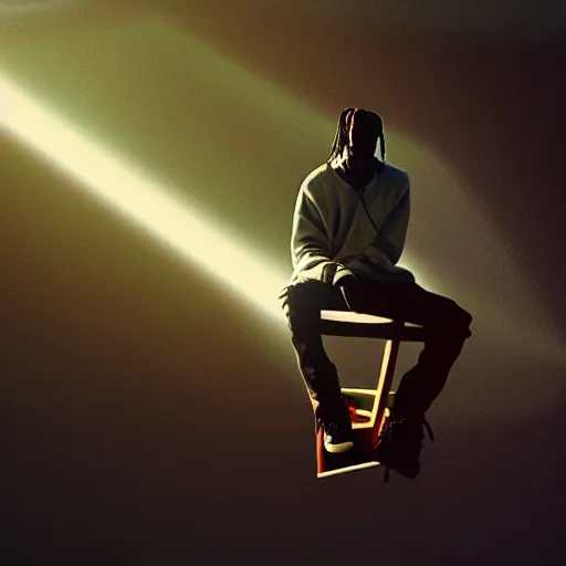 Image similar to Travis Scott sitting on a chair floating over Earth, 4k, Aubrey Powell, vintage photo, lens flare, beautiful cinematography, surreal, film grain