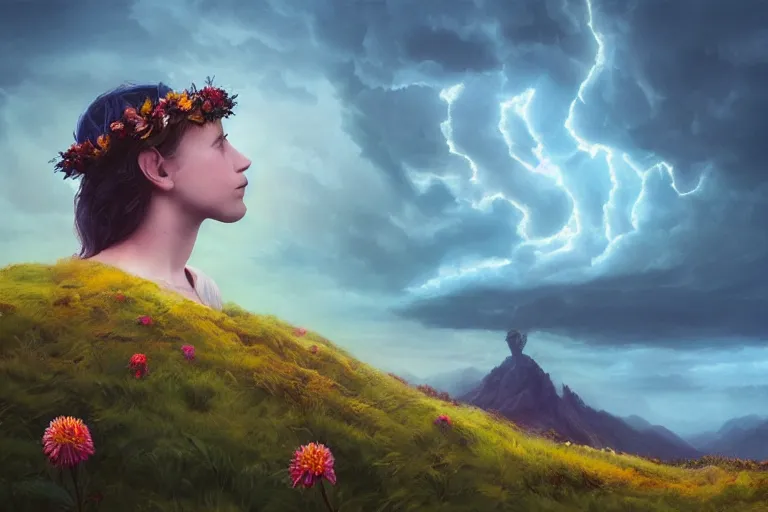 Image similar to giant dahlia flower crown under head, portrait girl on mountain, surreal photography, blue storm clouds, dramatic light, impressionist painting, digital painting, artstation, simon stalenhag