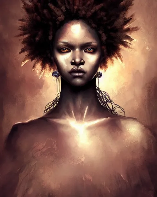 Image similar to gothic afro girl, hyper realistic face, beautiful eyes, fantasy art, in the style of greg rutkowski, intricate, hyper detailed, smooth