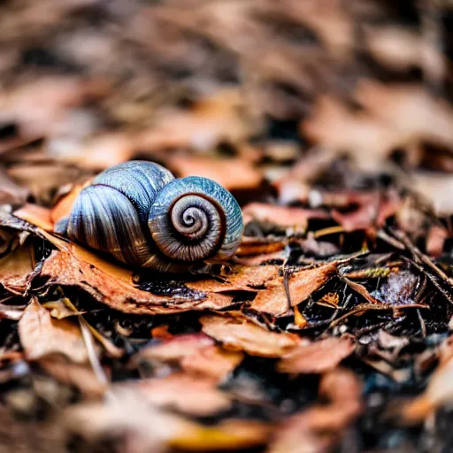 Image similar to snail on dead leaves in a forest, canon eos r 3, f / 1. 4, iso 2 0 0, 1 / 1 6 0 s, 8 k, raw, unedited, symmetrical balance, in - frame,