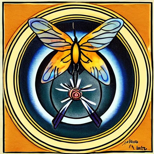 Image similar to a Wiccan ritual spell with a bumblebee placed in the middle of a bloody bullseye, art nouveau