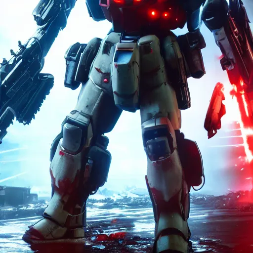 Prompt: gundam in gears of war battlefield 5, splash art, movie still, cinematic lighting, ray tracing, octane render, long lens, shallow depth of field, bokeh, anamorphic lens flare, 8 k, hyper detailed, 3 5 mm film grain