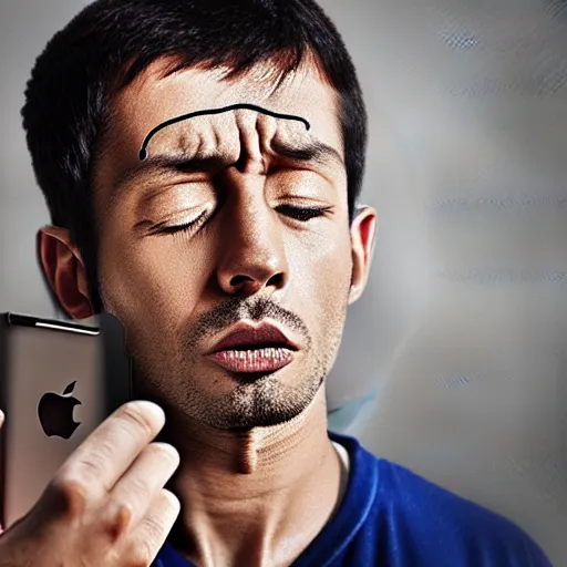 Image similar to angry prisoner alone in his cell setting up a video call using an ipad, photorealistic, frustrated expression, dark