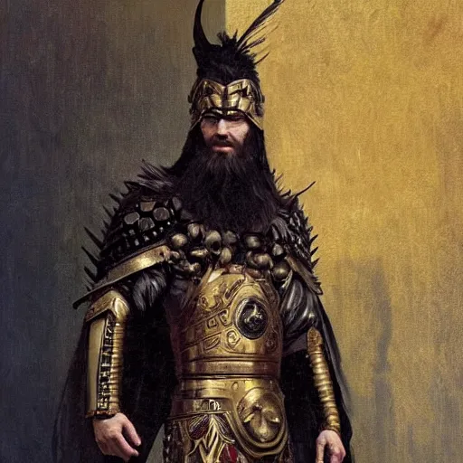 Prompt: pale, beautiful black-haired Viking lord wih sharp features, wearing a gilded black scale armor in the shape of art deco feathers and an arrogant heroic expression, by Greg Rutkowski, Brom, and Alphonse Mucha