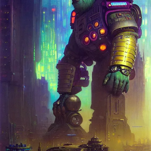 Prompt: portrait sulley from monsters inc. spaceship futuristic city. shadowrun cyberpunk fantasy d & d painting by gaston bussiere craig mullins jc leyendecker gustav klimt artgerm greg rutkowski john berkey, bergey, craig mullins, ruan jia, raymond swanland, tom lovell