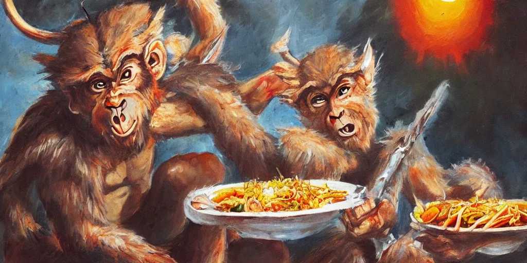 Image similar to Sun WuKong eating mexican food, oil painting