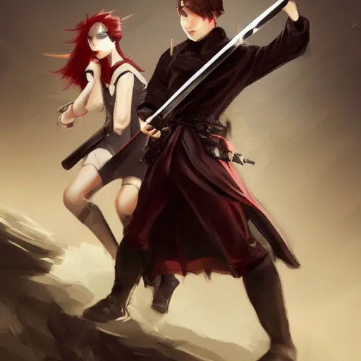 Image similar to a concept art of a boy and a girl with red hair holding a katana, gothic clothes, action shot, highly detailed, digital painting, artstation, concept art, smooth, sharp focus, illustration