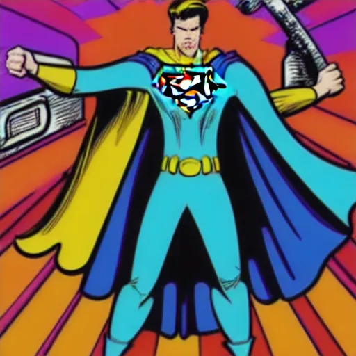 Image similar to a comic book super hero who is just really good at pinball and throws pinball machines he has a long cape his left hand is missing and instead is a launcher from a pinball machine, 4k, highly detailed, heroic pose, graphic novel, bright colors, dark lines