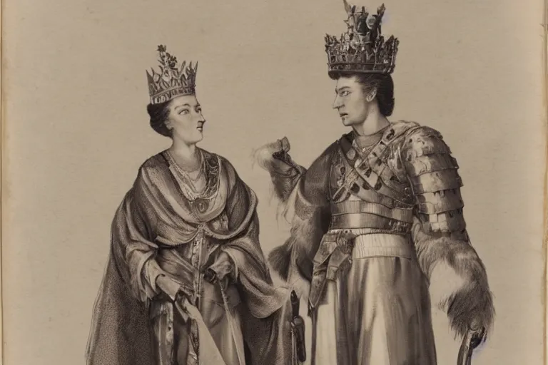 Image similar to a woman dressed as a male king in military attire, with a very feminine queen