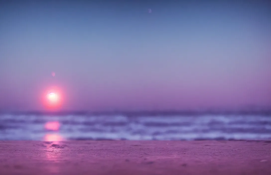 Image similar to beach with purple water, glowing moon, sigma lens, strong bokeh, photography, highly detailed, 8 5 mm, f / 1. 3, foggy, dramatic lighting, 4 k
