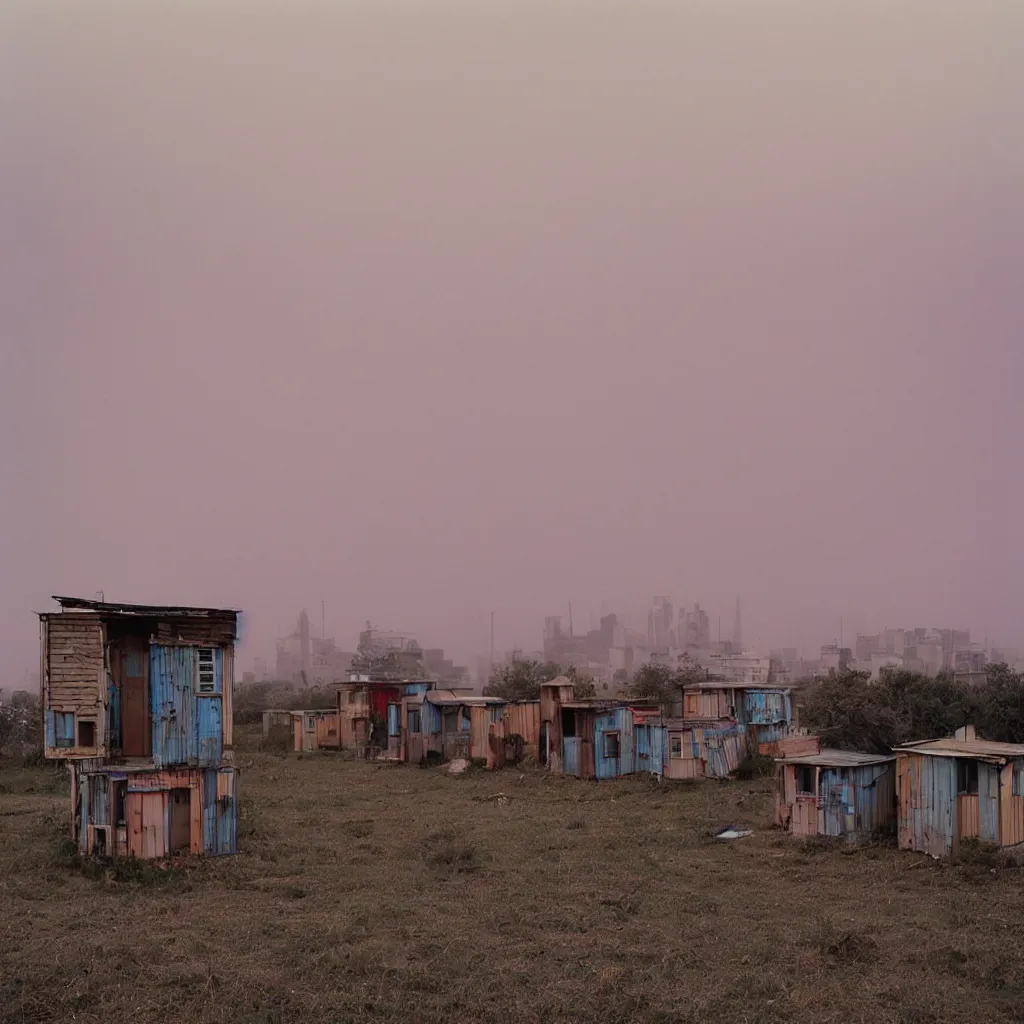 Prompt: towers made up of makeshift squatter shacks with pastel colours, plain uniform sky at the back, misty, mamiya rb 6 7, ultra sharp, very detailed, photographed by alejandro jodorowsky