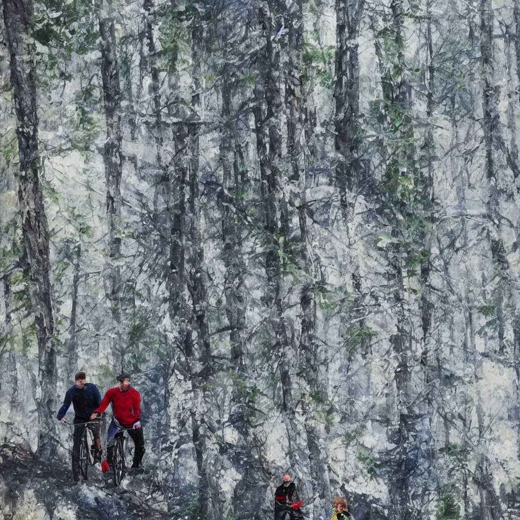 Image similar to Two men biking up a steep forest hill. One with a deep dark blue sweater and the other with a wine red sweater. sweaty. Oil painting. Emotional. Trending on artstation. Steep. Nordic Trees. Rustic. Artistic.