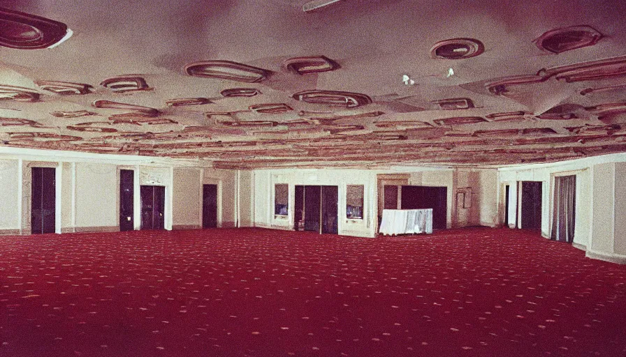 Image similar to 70s movie still of a ballroom with ceiling made of stairs , cinestill 800t Technicolor, heavy grain, high quality, criterion collection, liminal space style