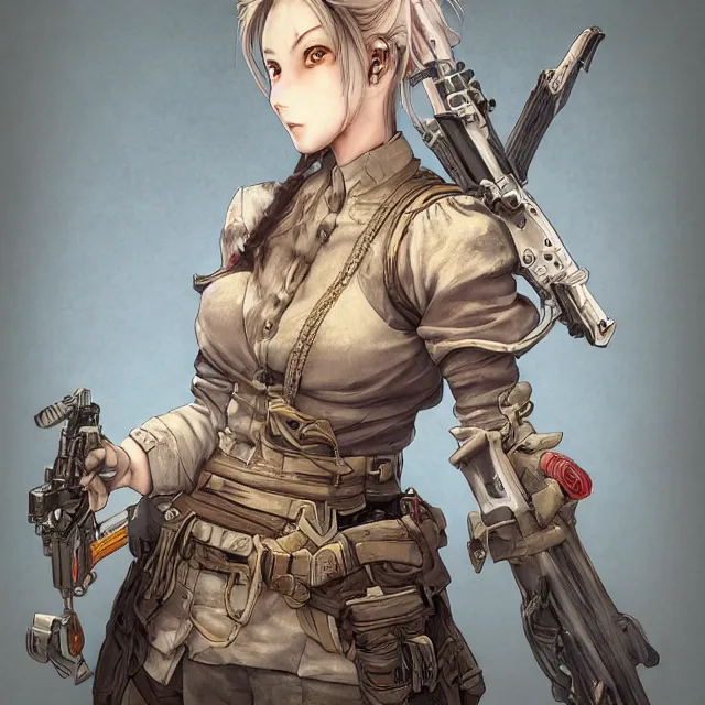 Image similar to the portrait of lawful neutral semi - colorful female infantry gunner as absurdly beautiful, gorgeous, elegant, young anime girl, an ultrafine hyperdetailed illustration by kim jung gi, irakli nadar, intricate linework, bright colors, octopath traveler, final fantasy, unreal engine 5 highly rendered, global illumination, radiant light, detailed and intricate environment