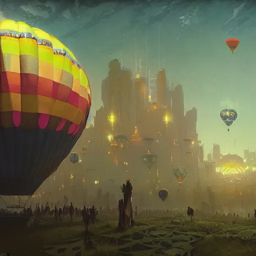 Image similar to solarpunk and cyberpunk hot air balloon, very detailed, intricate, detailed illustration, by greg rutkowski and alphonse mucha, Paul Lehr and Beeple, iridescent accents, ray tracing, product lighting, sharp, smooth, masterpiece, cinema 4D