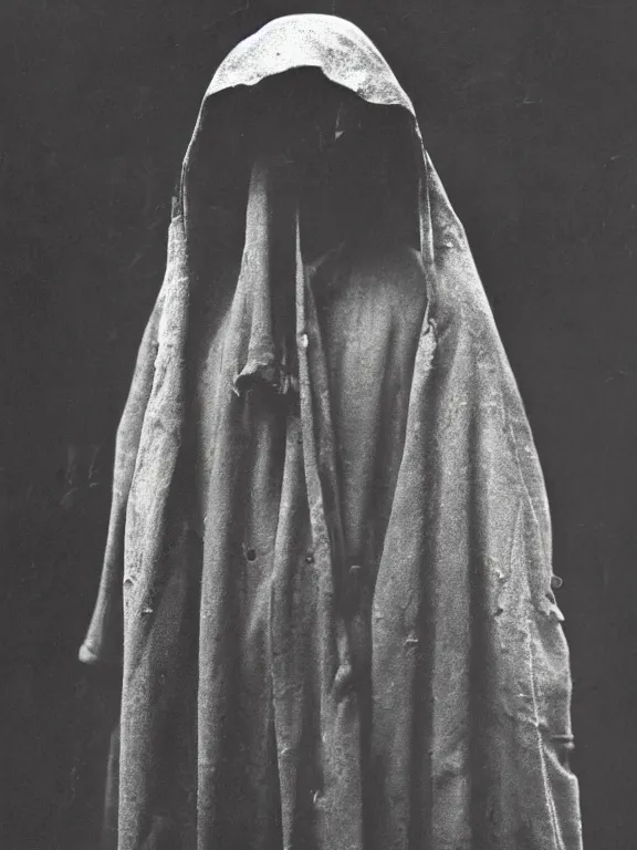 Prompt: portrait of faceless grim reaper with covered facr, ww1 photo, grainy, high detail, high resolution,