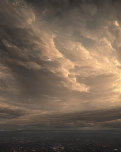 Prompt: a cloud formation in form of an alien superstructure, hyper realistic, hyper detailed, volumetric light, 8k