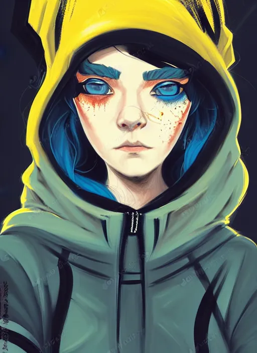 Image similar to highly detailed portrait of a sewer punk lady student, blue eyes, leather hoodie, hat, white hair by atey ghailan, by greg tocchini, by james gilleard, by kaethe butcher, gradient yellow, black, brown and cyan color scheme, grunge aesthetic!!! ( ( graffiti tag wall background ) )