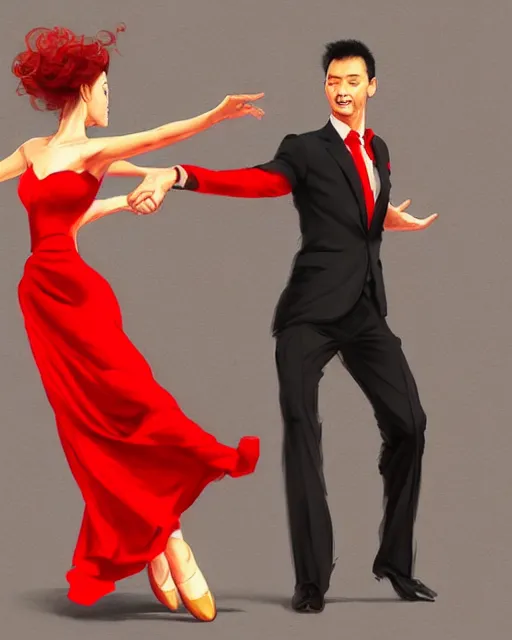 Image similar to Dancing Gesture draw by Stanley Artgerm Lau, Gesture draw, Salsa Dance, couple, lady using red dress, guy using a fancy suit, Salsa tricks, WLOP, Rossdraws, James Jean, Andrei Riabovitchev, Marc Simonetti, and Sakimichan, trending on artstation