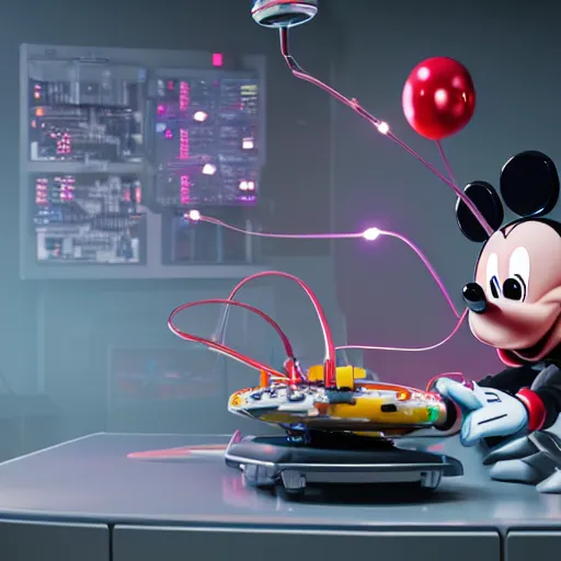 Prompt: a cybertronic mickey mouse being dissected by a group of network executives, on an operating table, octane render, beeple, cgstation, 3 d render, very detailed, mindblowing, blood and guts