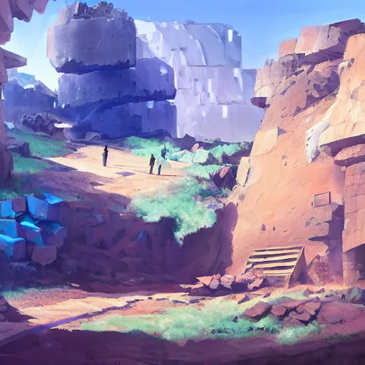 Image similar to concept art painting of a mineshaft with giant blue crystals, realistic, detailed, cel shaded, in the style of makoto shinkai and greg rutkowski and james gurney