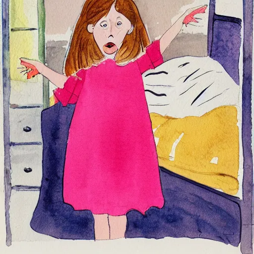 Image similar to a dark haired young girl in a pink dress, shocked expression, hand over mouth, 1990s bedroom, children's book illustration, watercolor, line drawing