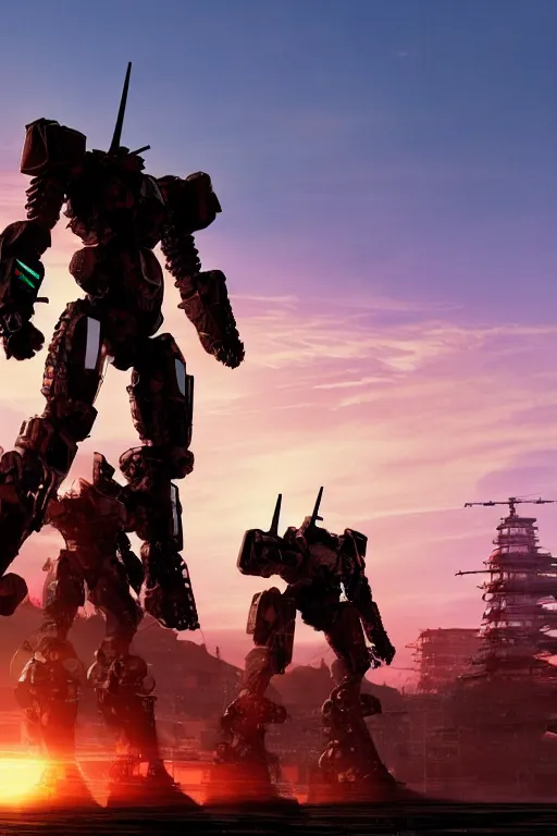 Prompt: A real photo of Samurai Mechwarrior Robot and the sunset in the distance, by Josan Gonzalez, Yoji Shinkawa and Geof Darrow, highly detailed, Unreal Engine Render, 3D, 8k wallpaper