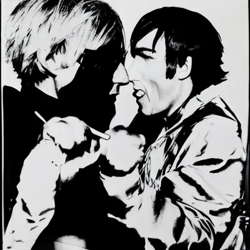 Prompt: andy warhol punching andy warhol, art by andy warhol