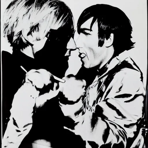 Image similar to andy warhol punching andy warhol, art by andy warhol