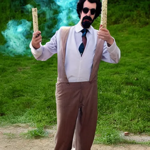 Image similar to Sacha Baron Cohen as borat smoking a giant rolled cannabis cigarette, smoke, 8k, hyper-detailed, cinematic