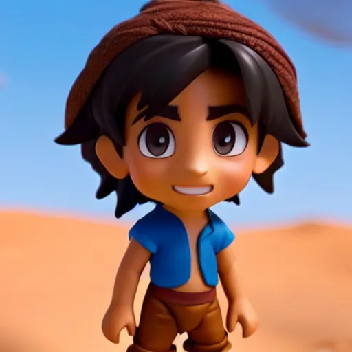 Prompt: profile view of young aladdin as nendoroid walking in a desert in the croods movie style, wearing typical clothes, 8 k, hd, dof, kodak film, volumetric lighting, bright backlit, subsurface scattering, photorealistic, octane render