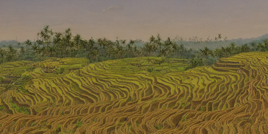 Prompt: painting of a rice terrace in the evening