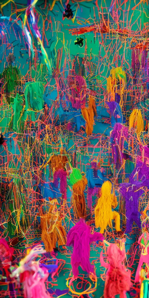 Prompt: group of giant rainbow-colored people dancing in a forest made out of fluffy pipecleaners and crumpled foil in the style of Jean-Michel Basquiat, 3D cinematic lighting, spotlight at a 90 DEGREE ANGLE, photorealism, octane render, depth of field, 8k, 35mm, artgem, Trending on artstation